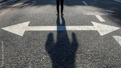A conceptual image of arrows on asphalt with a shadow of someone deciding where to go.
