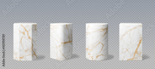 Marble stone pillar podiums with golden streaks. Realistic 3d vector white column pedestal stands or blocks of geometric shapes like square, cylindrical, hexagonal. Pillar platforms, displays or bases