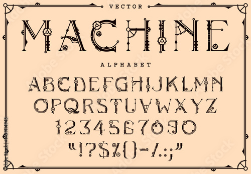Steampunk letters font, mechanic gear type, machine alphabet typeface. Steam punk font english abc letters and numbers set of vector line mechanical parts, gears and cogwheel. Steampunk type alphabet