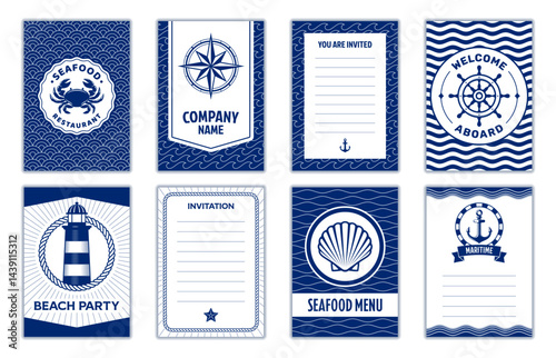 Nautical marine invites and templates. Vector set of navy blue and white invitation cards with maritime icons like anchor, lighthouse, steering wheel and seashells evoke ocean vibes, for marine events