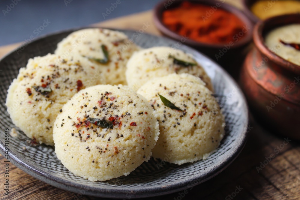 Fototapeta premium Rava Idli is a soft fluffy South Indian dish made from semolina yogurt and spices It s a quick healthy steamed meal often served with coconut chutney and sambar