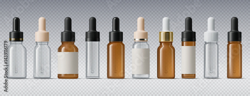 Cosmetic bottle mockup with droppers standing in a row. Realistic 3d vector set of transparent and amber glass pipette vials for skincare, serum, medicine solutions and oil packaging presentation