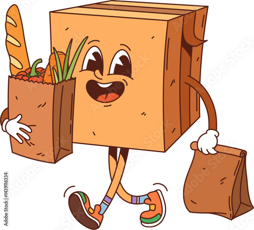 Happy cartoon groovy delivery cardboard box character walking with a grocery bag filled with bread and vegetables in one hand and a paper bag in the other. Fun, cheerful packing courier personage