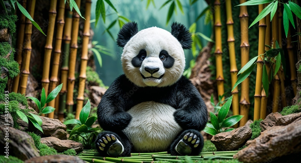 Obraz premium Stuffed panda in a bamboo forest diorama background