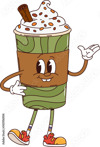 Cartoon groovy dessert character of milkshake of smoothie cup, vector comic personage. Groovy milky shake dessert with funny face and smile for fast food drinks and sweets character in good vibe