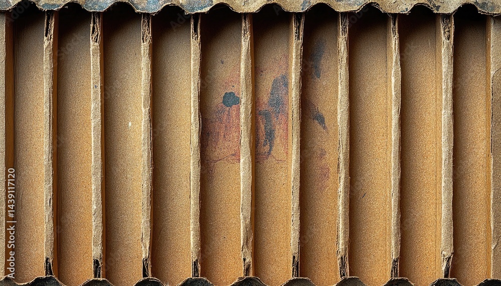 Brown corrugated cardboard divider with worn edges and old stains. Use as packaging material, texture, or abstract background image. Brown corrugated cardboard divider with worn edges and old stains. Use as packaging material, texture, or abstract background image.