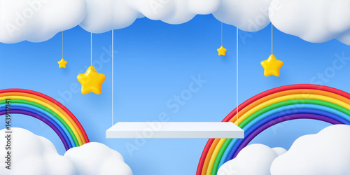 Kids swing podium stage with sky clouds and rainbow. 3d vector magical children background with hanging swing, clouds and golden stars in a dreamy sky, for presentations and playful product displays