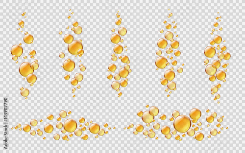 Realistic serum collagen yellow oil bubbles. Isolated 3d vector shiny drops with gold liquid, cosmetic pills or capsules. Oily vitamin essence fizzing droplets, balls set flying or floating in the air