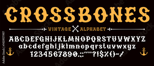 Vintage pirate font, corsair retro typeface, sailor seaman type, old label alphabet letters and numbers with piracy crossbones and anchor vector silhouettes. Fantasy mediaeval pirate font english abc