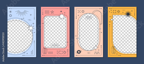 Y2k poster templates with vector line frames of aesthetic abstract shapes and modern geometric elements. Pastel pink, blue and orange color posters templates with trendy minimal y2k stars and sparkles