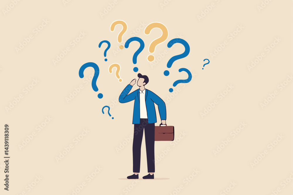 Uncertainty, confusion and decision making, choosing options or choices, answer for question or solution, problem solving, frustrated businessman thinking and make decision with many question marks. Uncertainty, confusion and decision making, choosing options or choices, answer for question or solution, problem solving, frustrated businessman thinking and make decision with many question marks.