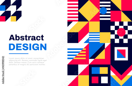 Abstract geometric poster design background, retro cover template. Vector background with minimal geometry figures, shapes patterns and vibrant colors for exhibit art, magazine, journal, album designs