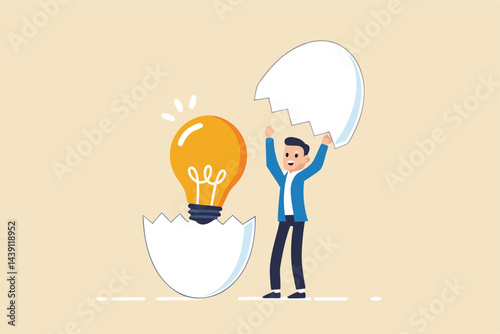 New creative idea, innovation or solution for business, entrepreneurship or startup idea, creation or discovery concept, businessman entrepreneur discover hatching egg with lightbulb idea inside.