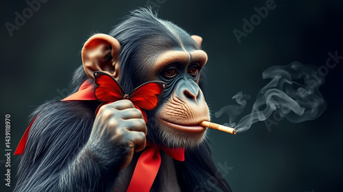 Chimpanzee wearing red butterfly ribbon posing like mafia and smoking