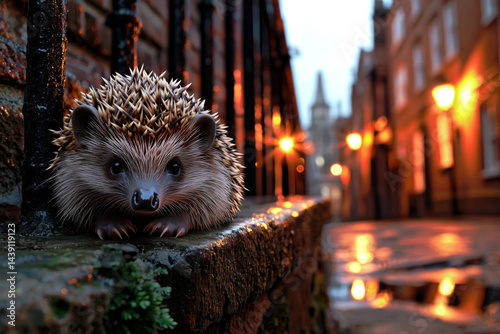 Small hedgehog curled up on a stone stairway