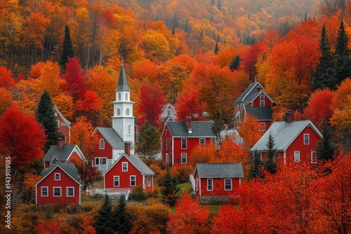 Autumn colors surround a quaint village with a white church steeple. Ideal for travel blogs or representing New England fall scenery.