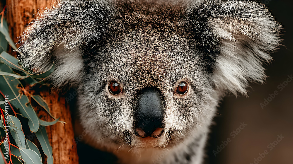 Fototapeta premium Close-up portrait of an adorable koala, its fur detailed, eyes captivating, peering from behind eucalyptus leaves.