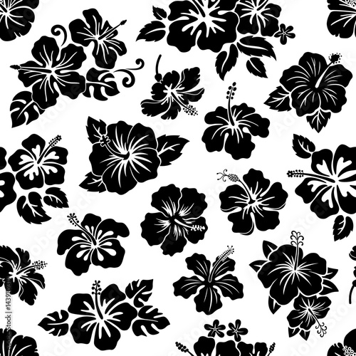 Hawaii tropical hibiscus flowers seamless pattern. Vector black and white tile background with silhouettes of monochrome Hawaiian and Polynesian vegetation blooms, floral wallpaper, textile motif