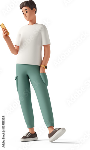 young man holding orange smartphone and tapping foot