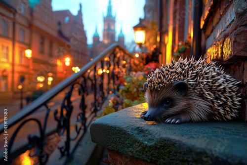 Small hedgehog curled up on a stone stairway