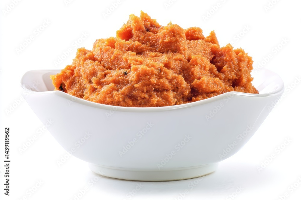 White bowl of shrimp paste on a white background with cutout White bowl of shrimp paste on a white background with cutout