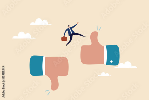 Change or transform to better opportunity, improvement or courage, determination to progress or career growth, aspiration or challenge concept, courage businessman jumping from thumb down to thumb up.