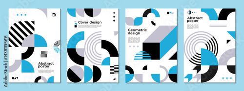 Abstract poster with geometric shapes and pattern. Vector background, cover templates with retro modern minimal geometry forms, lines in blue, black and white for exhibit art, magazine, journal, album