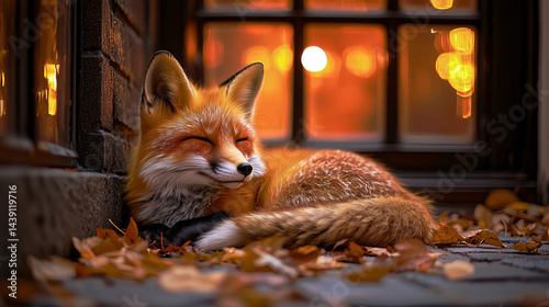 Shy little fox curled up under a softly glowing streetlight