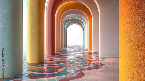 Colorful Arches Corridor with Water Reflection and Pastel Tones