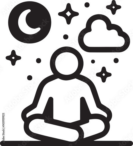 Serene Meditation Figure with Moon and Stars in Simple Line Drawing Style
