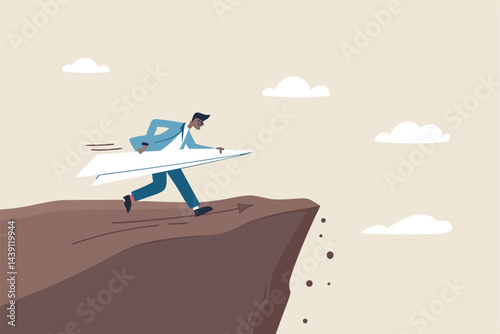 Try new idea start new business, startup risk, entrepreneur or creativity, failure, innovation and courage to win business concept, businessman running with paper origami airplane for first launch.