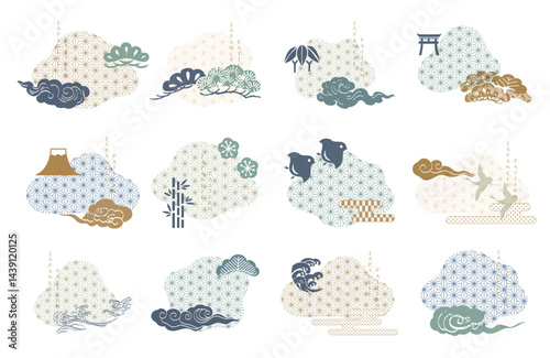 Set of geometric modern graphic elements vector in Japanese style. Asian icons and symbol with Japanese pattern. Abstract banners with template for logo design, flyer or presentation in vintage style.