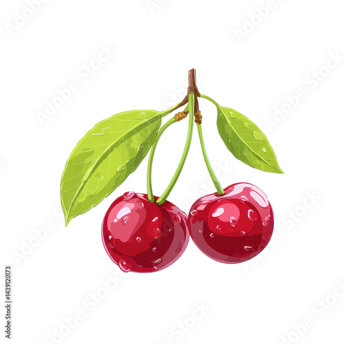 Two bright red Morello cherries with green leaves and water droplets, hanging from brown stem, isolated on transparent background, evoke freshness and juiciness