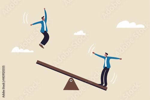 Manager support, effort to help partner reaching goal, assistance to get solution, teamwork or collaboration for success, businessman manager jump on seesaw help colleague jump high to reach target.