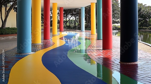 Colorful Painted Walkway and Pillars Near Pond Inspiring Public Art