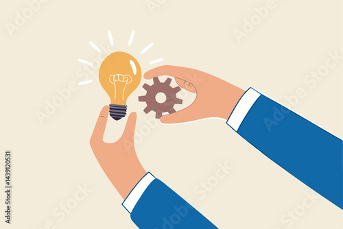 Implement business idea, development process or project implementation, new innovation, optimization or solution concept, businessman hand holding lightbulb idea implementing cogwheel to make it work.