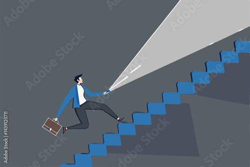 Flashlight to see opportunity, discover business way of success, challenge to find direction in the dark, leadership concept, confidence businessman with flashlight or torch running up stair.