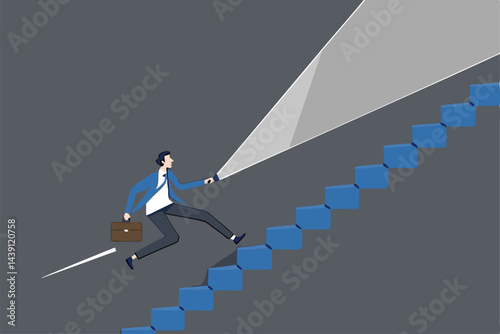 Flashlight to see opportunity, discover business way of success, challenge to find direction in the dark, leadership concept, confidence businessman with flashlight or torch running up stair.