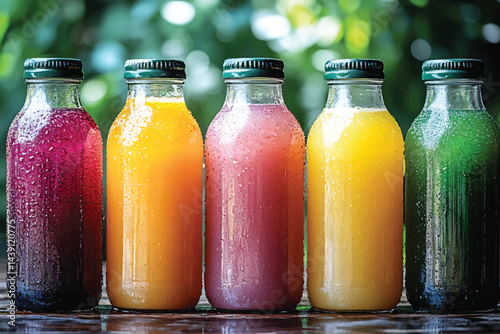 Fresh colorful juice bottles variety on wood table with blurred greenery