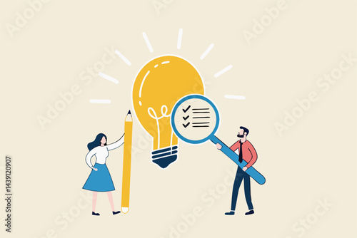 Business viability checking, feasibility study by market research to see possibility to success in real world, evaluate profitable of business idea, businessman with magnifier analyze lightbulb idea.