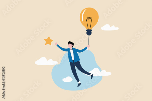 Creativity or innovation to help reach business goal, lightbulb idea to success, leadership to get solution to achieve goal, smart businessman flying with lightbulb idea to catch star in the sky.