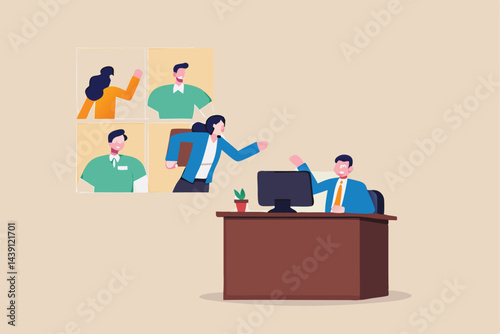 Hybrid work employee choice to remote work from home or come to office, flexible workplace for productivity concept, businessman sitting in office talk in conference call with people work from home.