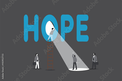 Hope or faith to success, positive thinking or business challenge, belief or optimistic for better bright future, solution concept, businessman climb up ladder in the dark to see light beam hope.