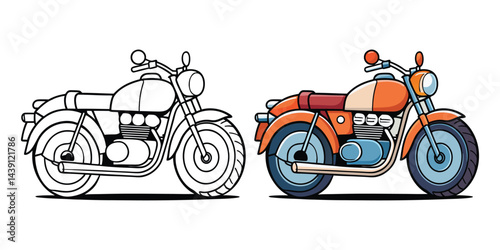 Classic Motorcycle Coloring Page and Vector | Vintage Motorbike Illustration.