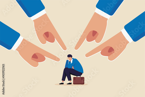 Toxic work, abuse or bullying colleagues, bad culture make exhausted depressed employee, fear of failure and responsibility, giant boss hands pointing and blaming at depressed businessman employee.