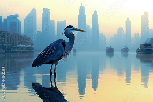 Heron Standing by a Canal