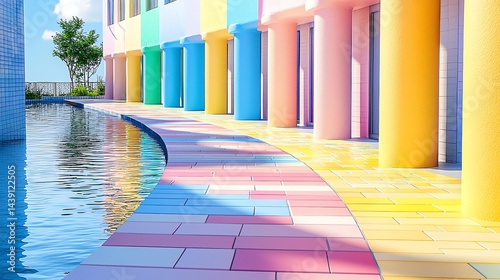 Walking Along Colorful Building with Pool Reflecting Sky and Tree