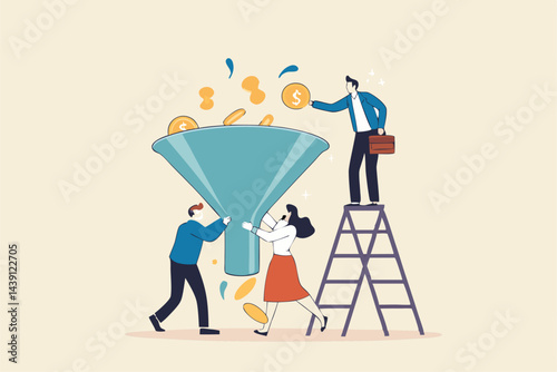 Idea funnel, brainstorm to get solution or final idea, creativity, innovation or imagination to create inspiring solution concept, business people help put small lightbulb in funnel to get final idea.