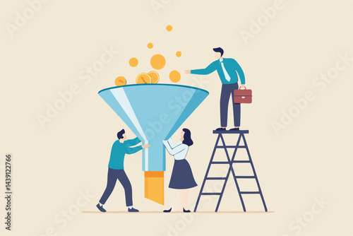 Idea funnel, brainstorm to get solution or final idea, creativity, innovation or imagination to create inspiring solution concept, business people help put small lightbulb in funnel to get final idea.