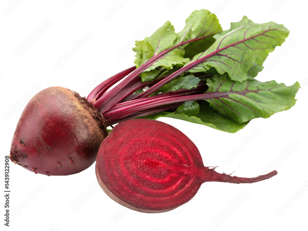 Fresh Beetroot with Green Leaves and Sliced Cross-Section Isolate on transparent background cutout, PNG file, Cutout file